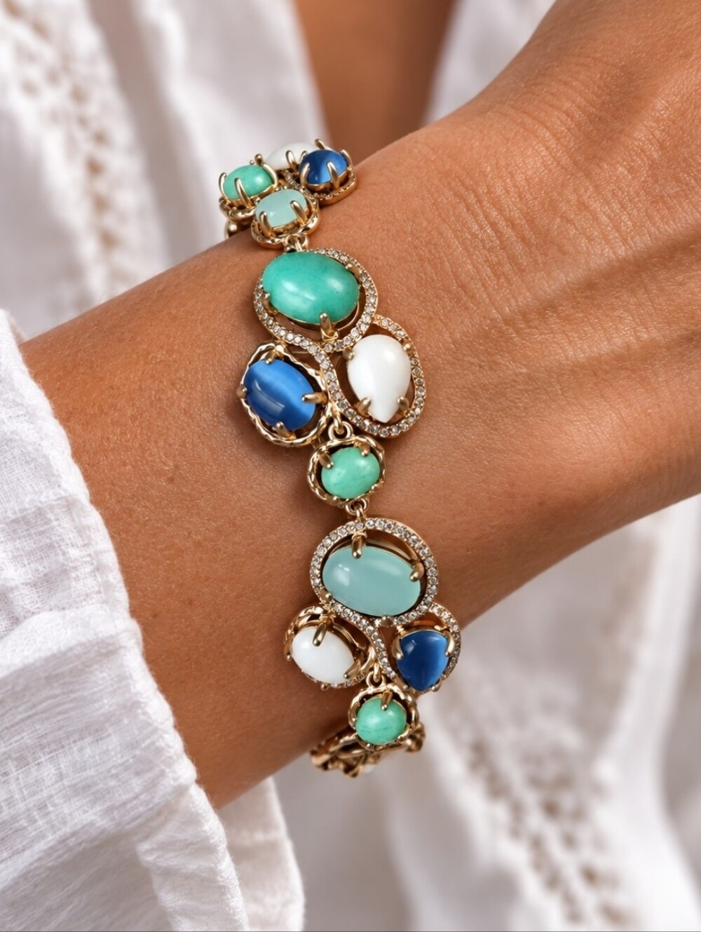 Badgley Mischka Ann Taylor Toggle Clasp Genuine Stones Bracelet Gold Tone Beachy